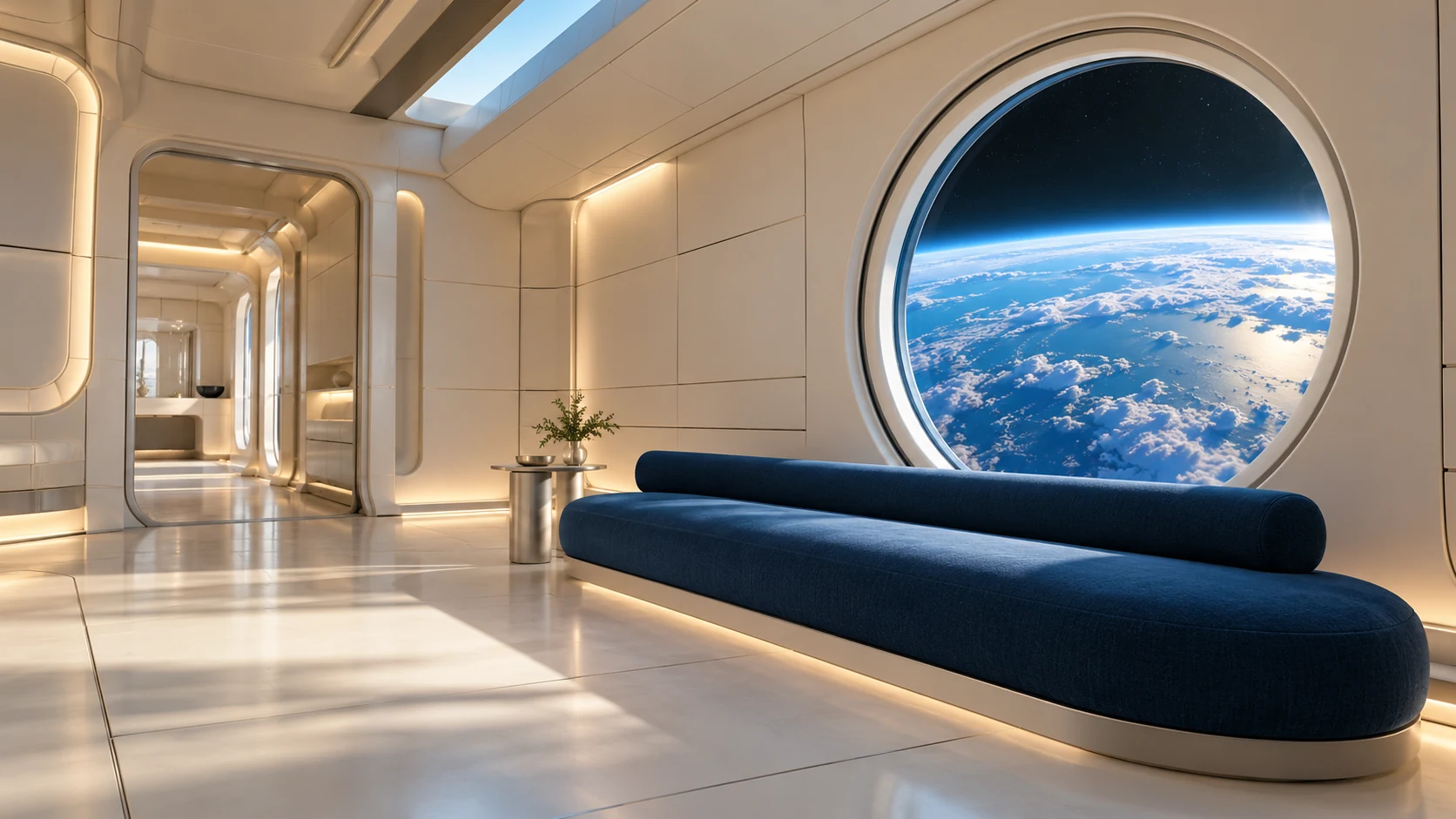 A white modular space-habitat room with a navy bench overlooks Earth's blue curved horizon.
