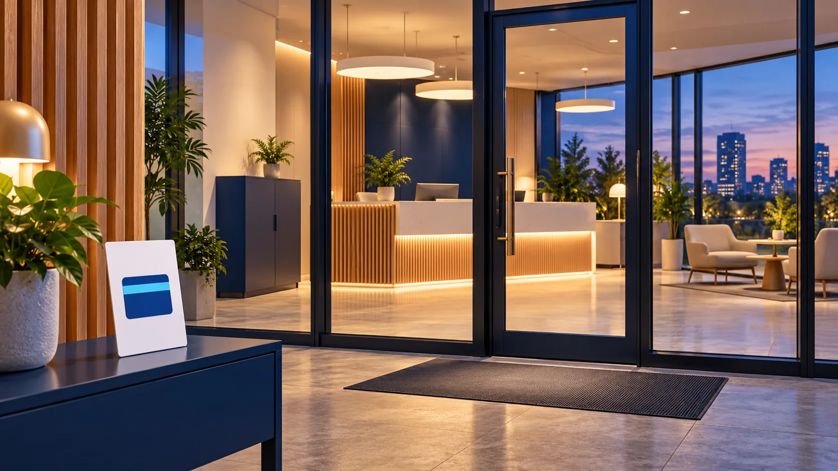 Warmly lit modern office entrance at twilight with a closed cabinet and a blank access-card symbol.