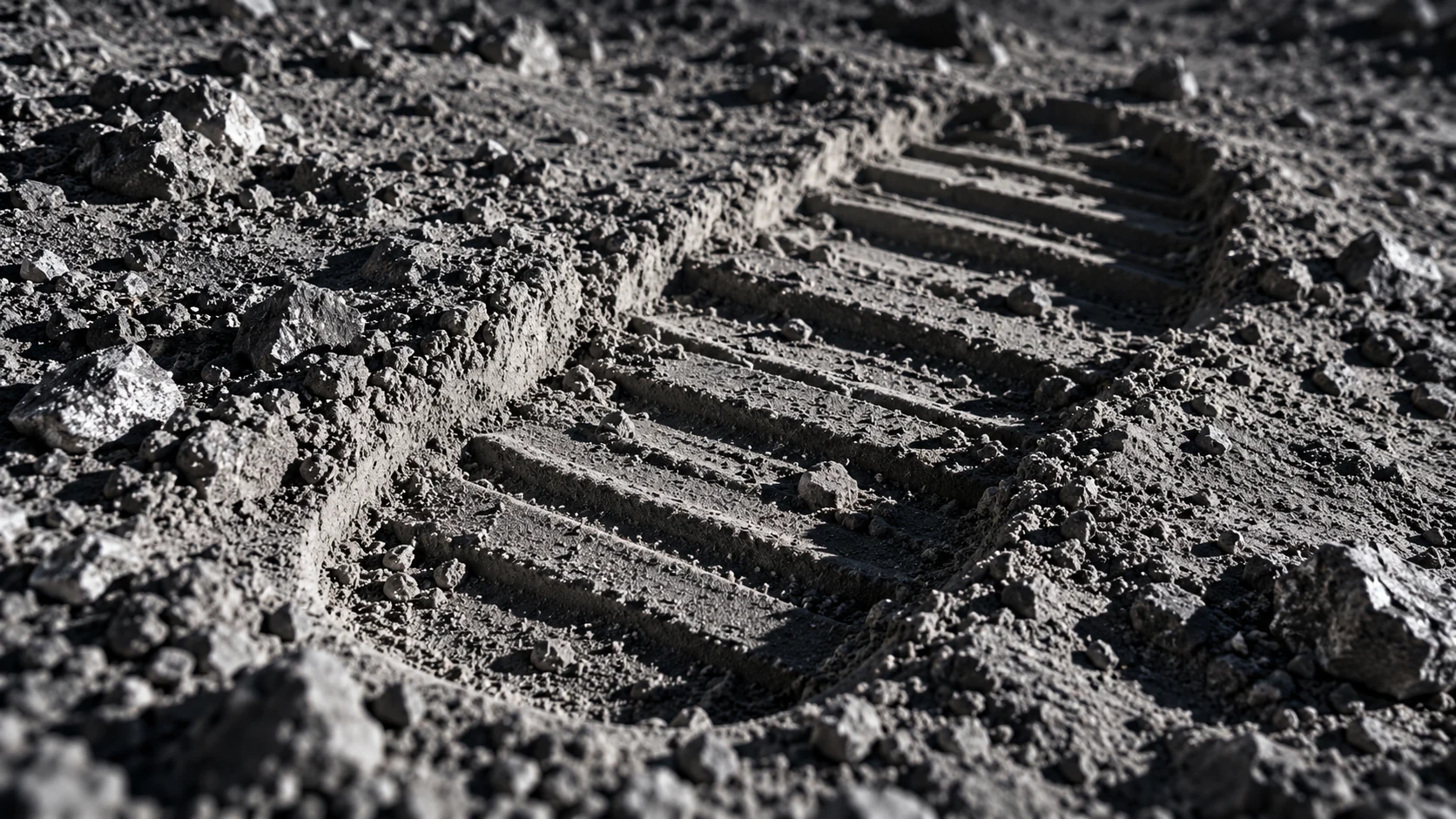 A close-up View of a ribbed boot impression in rough gray lunar soil under low sunlight.