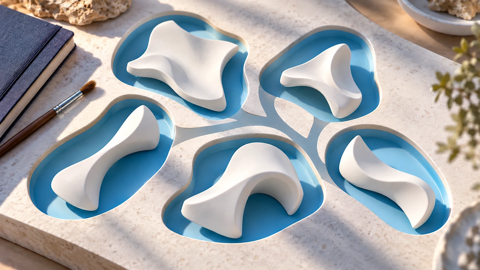 Five smooth white sculptural shapes rest in separate blue recesses joined by pale branching lines.