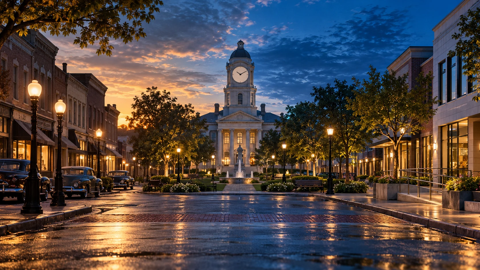 An imaginary clock-tower square transitions from older street details to a contemporary setting across one image.