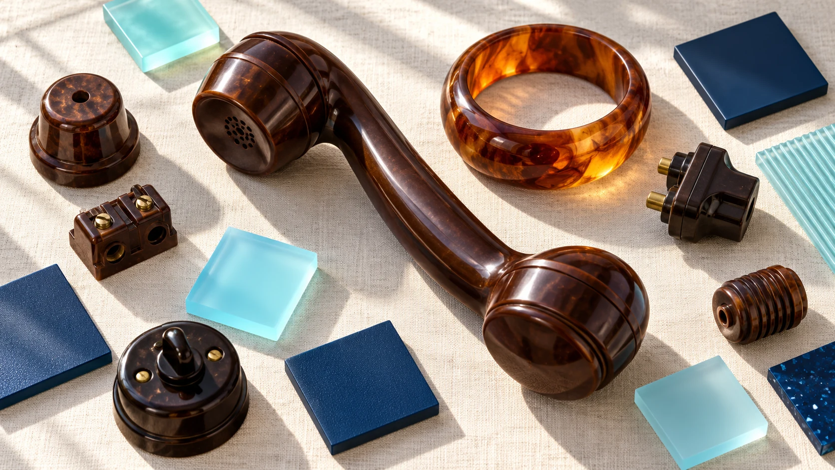 A brown molded telephone handset and amber bangle sit among plastic samples with varied colors and textures.
