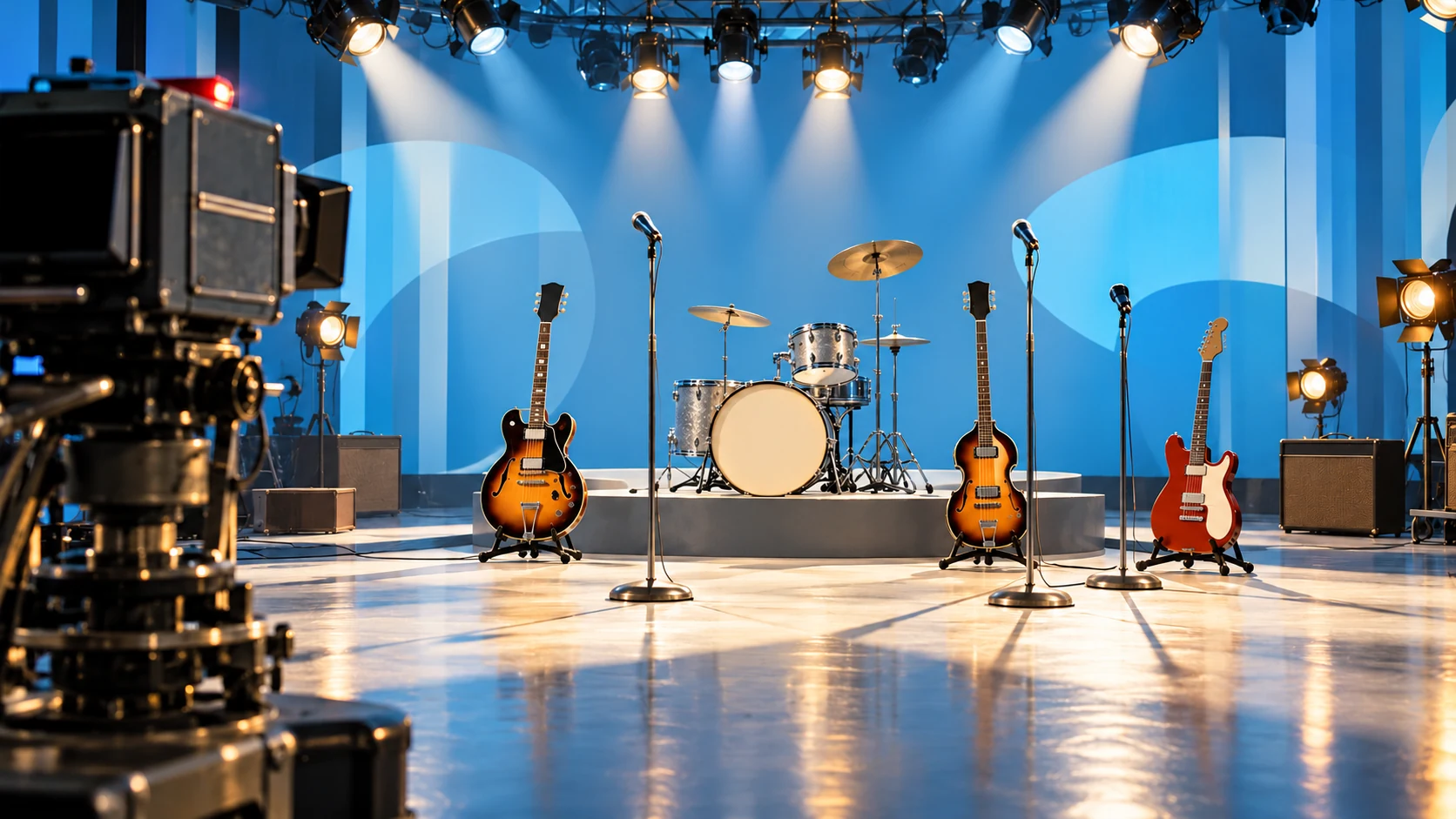 Unplayed guitars, bass and a drum kit wait under cool studio lights behind a vintage television camera.