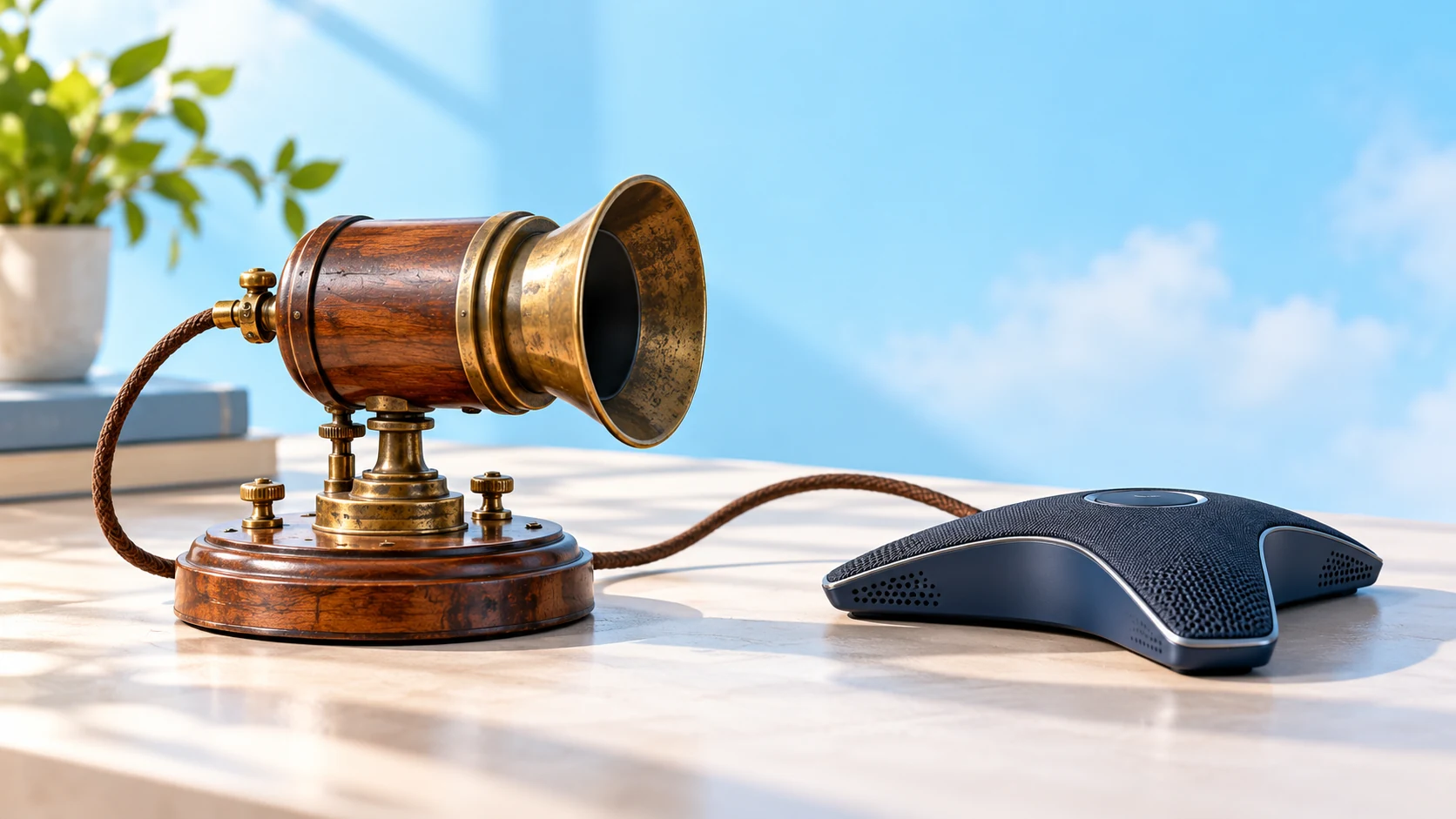 A wooden-and-brass early telephone model and a modern conference speakerphone sit across a pale desk.