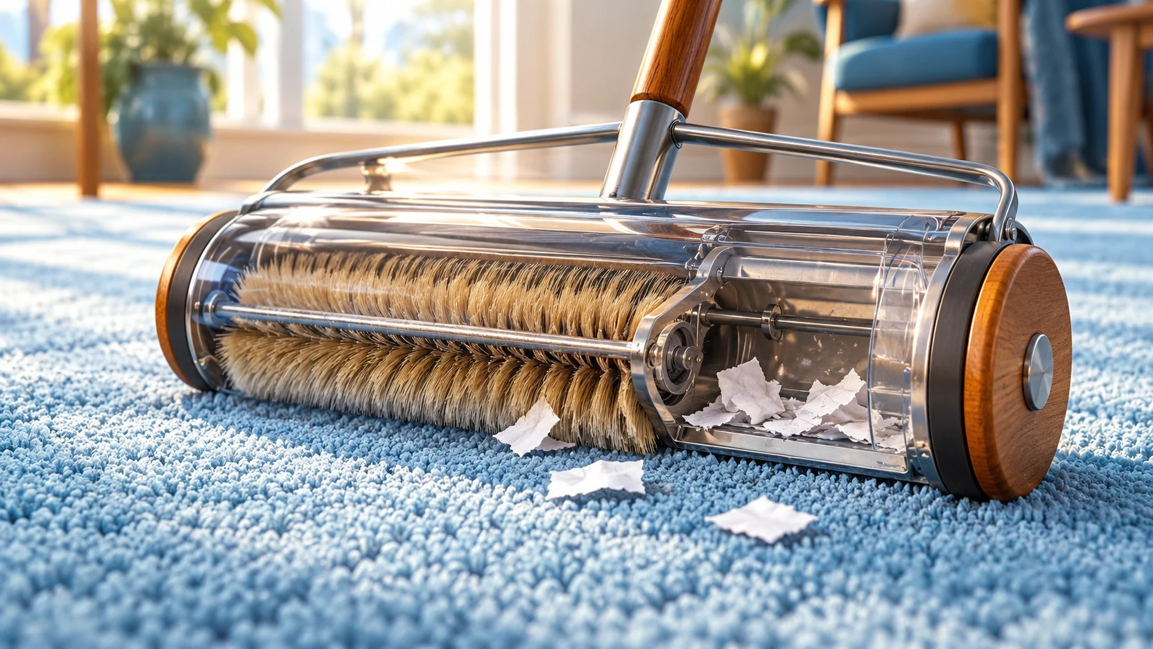 A cutaway manual sweeper reveals a bristle roller and collection space above textured blue carpet and a few paper scraps.