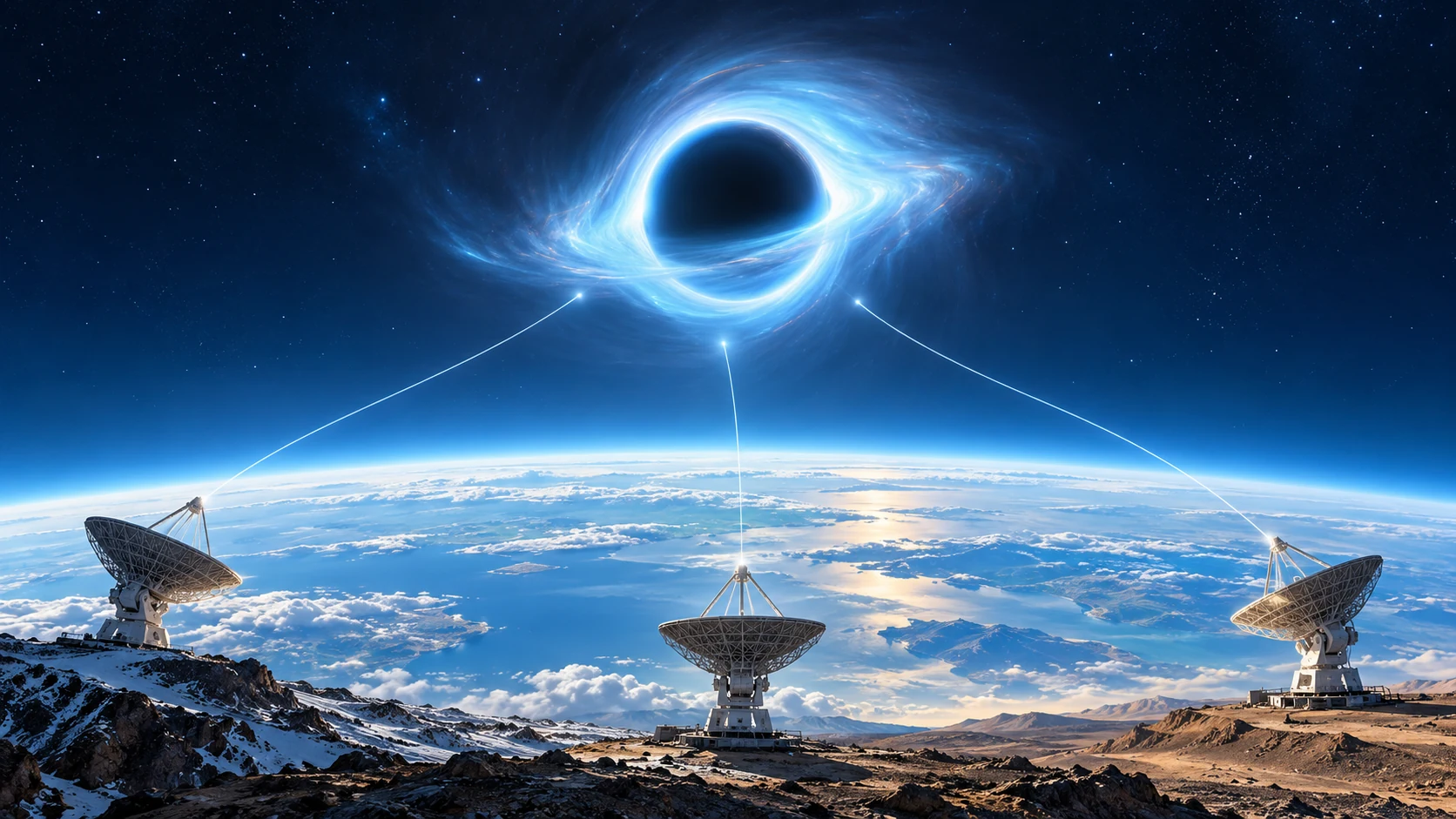 Three radio-dish silhouettes sit beneath an asymmetric luminous blue ring with a dark center.