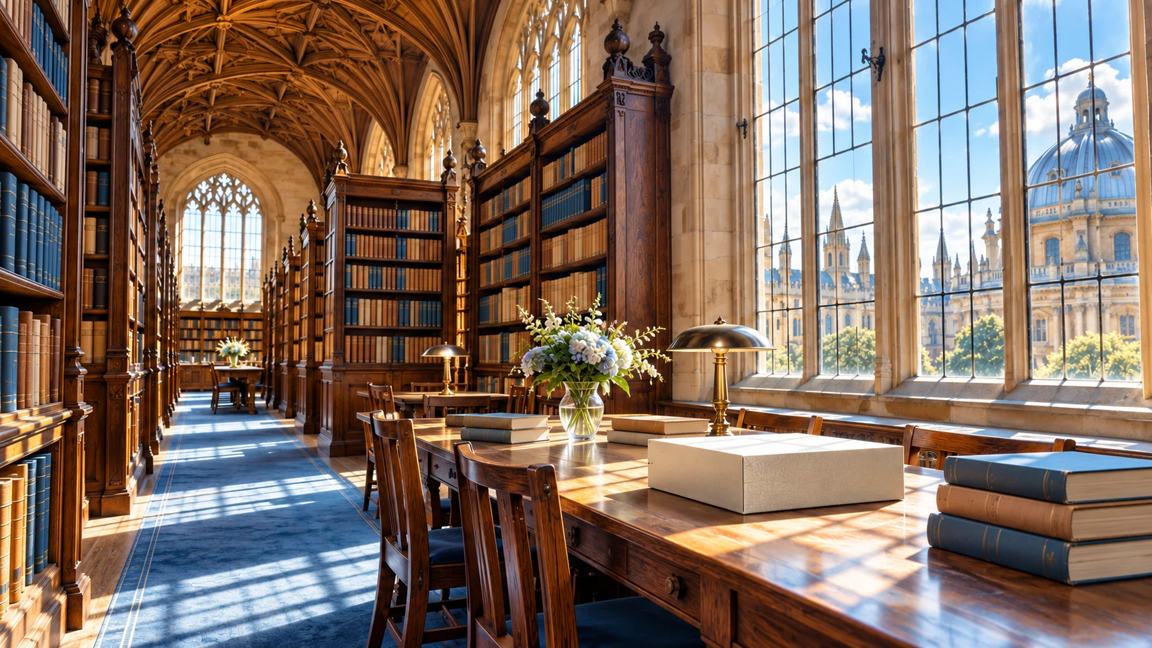 Daylight fills a historic-style library aisle with oak shelves, a reading table and a closed archival box.