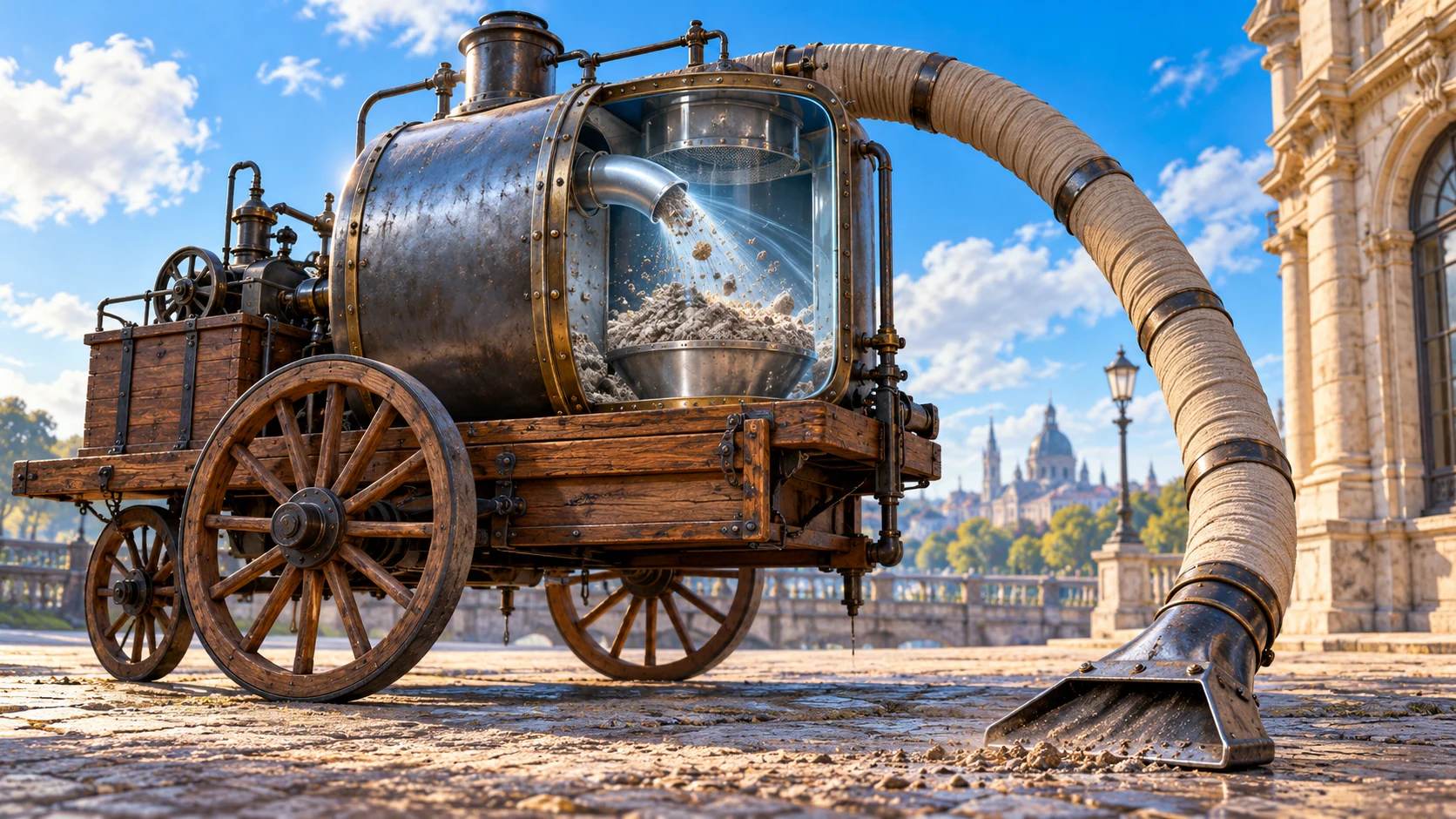 A wheeled early suction-machine model shows a hose and a transparent collection chamber containing dust particles.