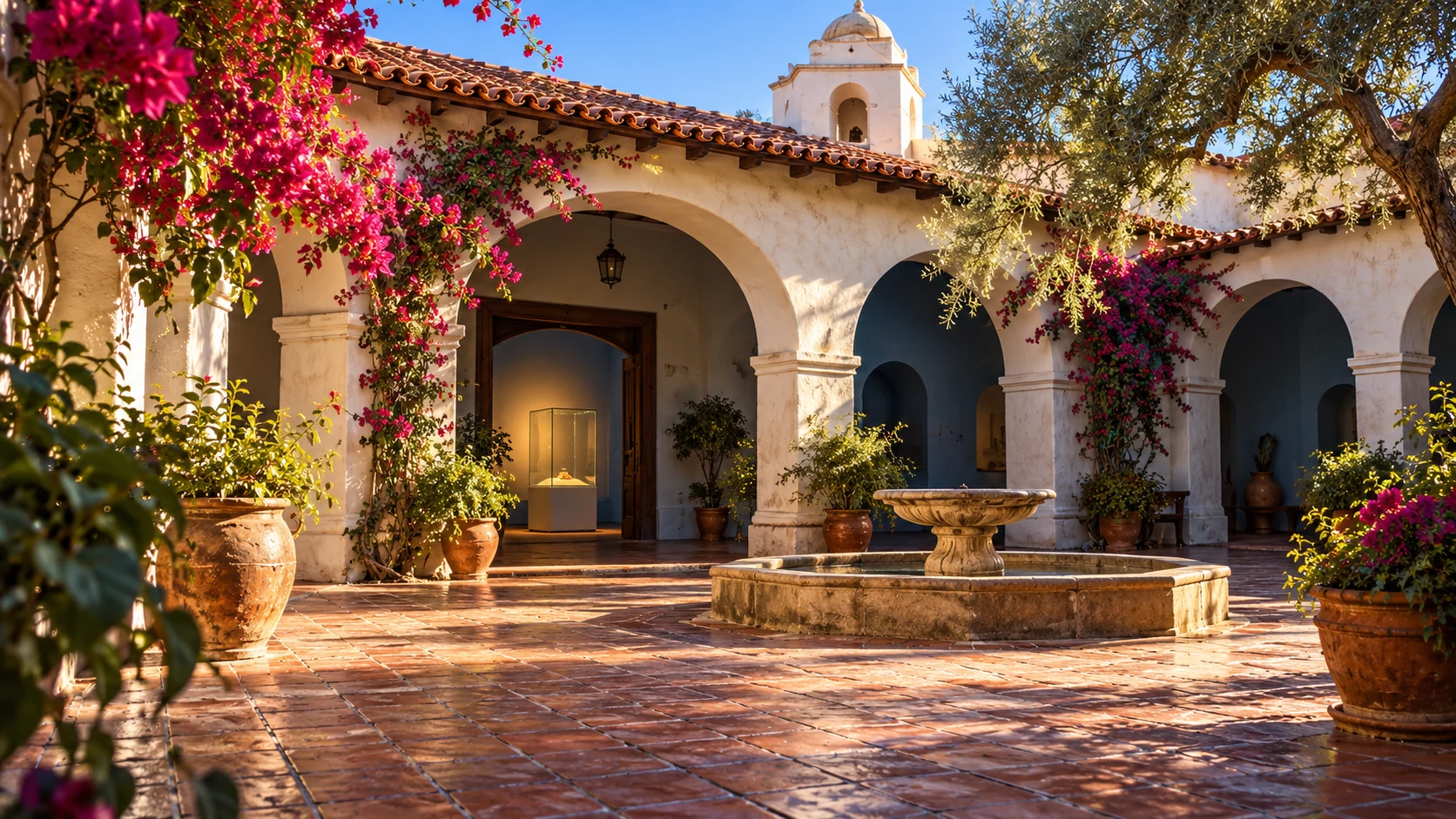 A sunlit stucco museum courtyard with a tiled roof, shaded arches and a glass display case.