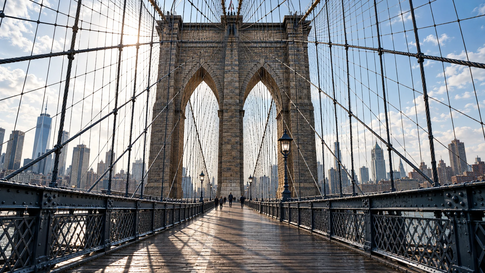 Architectural view of the Brooklyn Bridge walkway, stone tower, and radiating suspension cables.