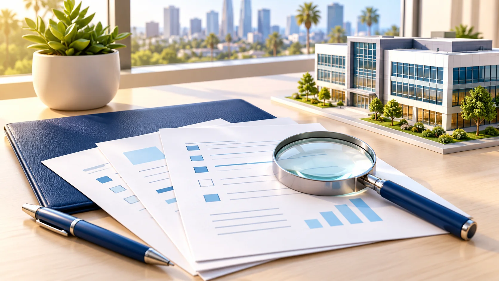 Magnifying glass, unmarked review sheets, blue folder, and small office-building model on a bright desk.