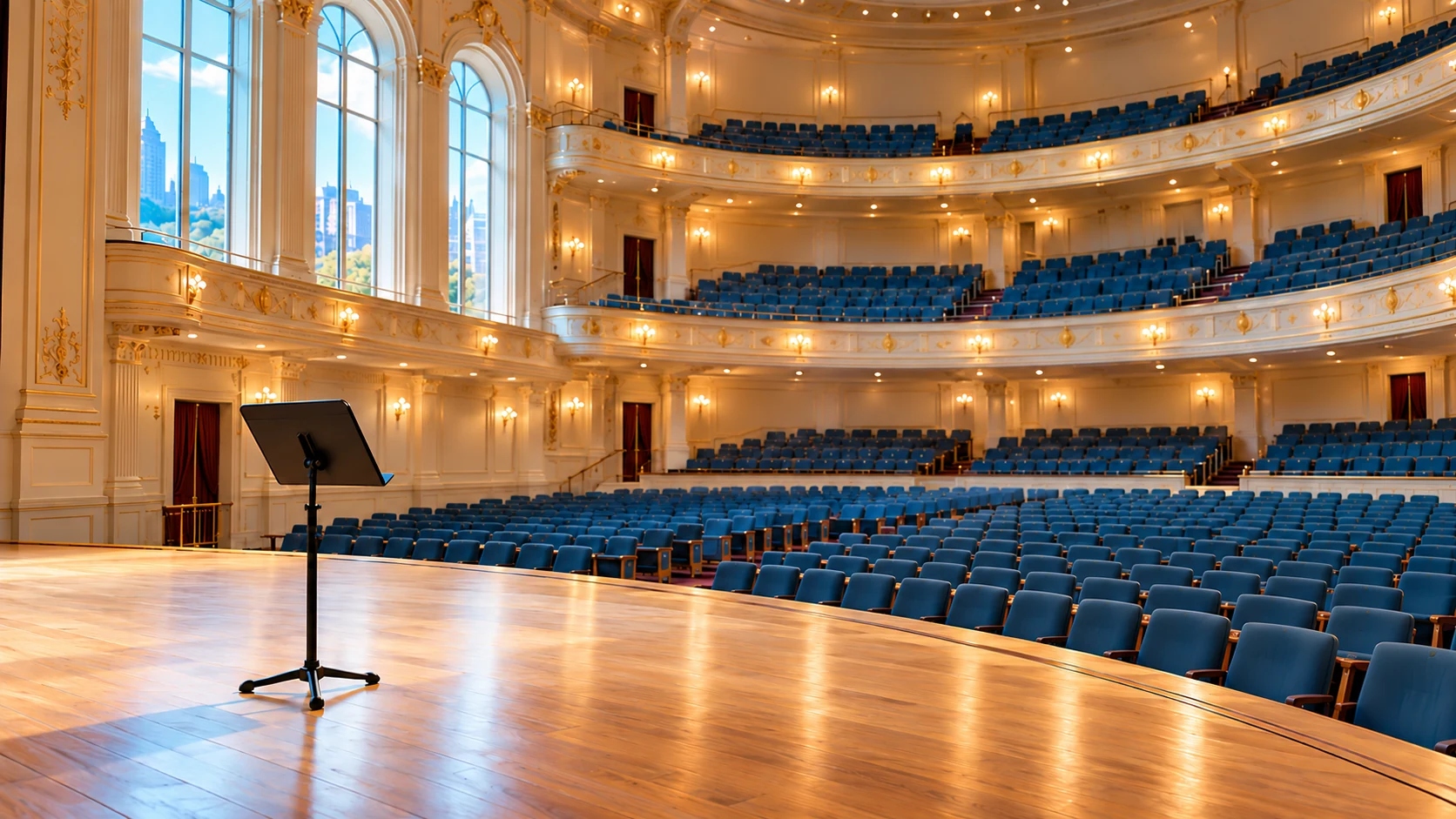 An empty concert hall extends from a pale wooden stage toward cream balconies and blue seating.