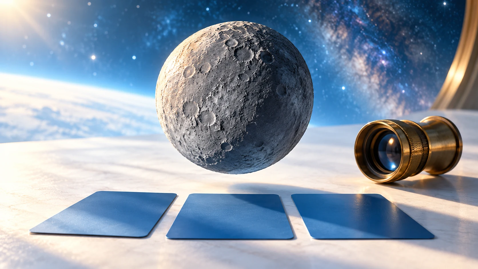 A small cratered gray world floats above three blue observation cards beside a brass eyepiece.