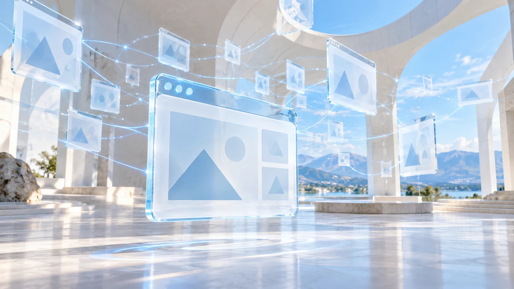Translucent page-like frames connect through fine blue lines in a bright open space.