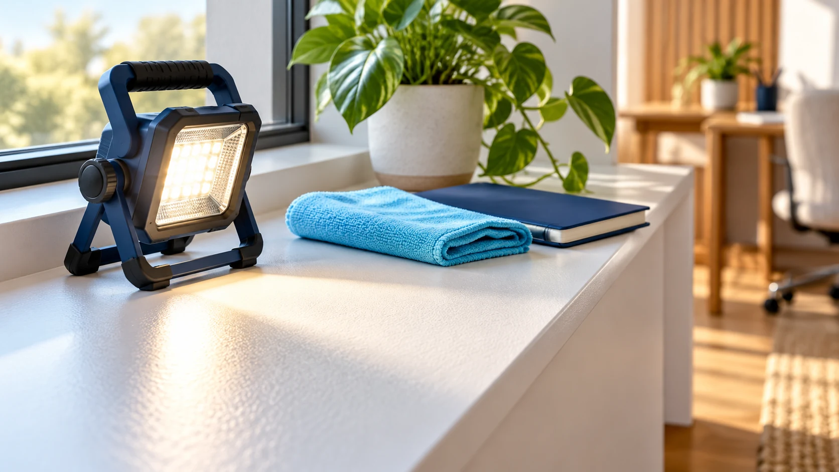 Portable work light casting oblique illumination across a white ledge beside a cyan cloth.