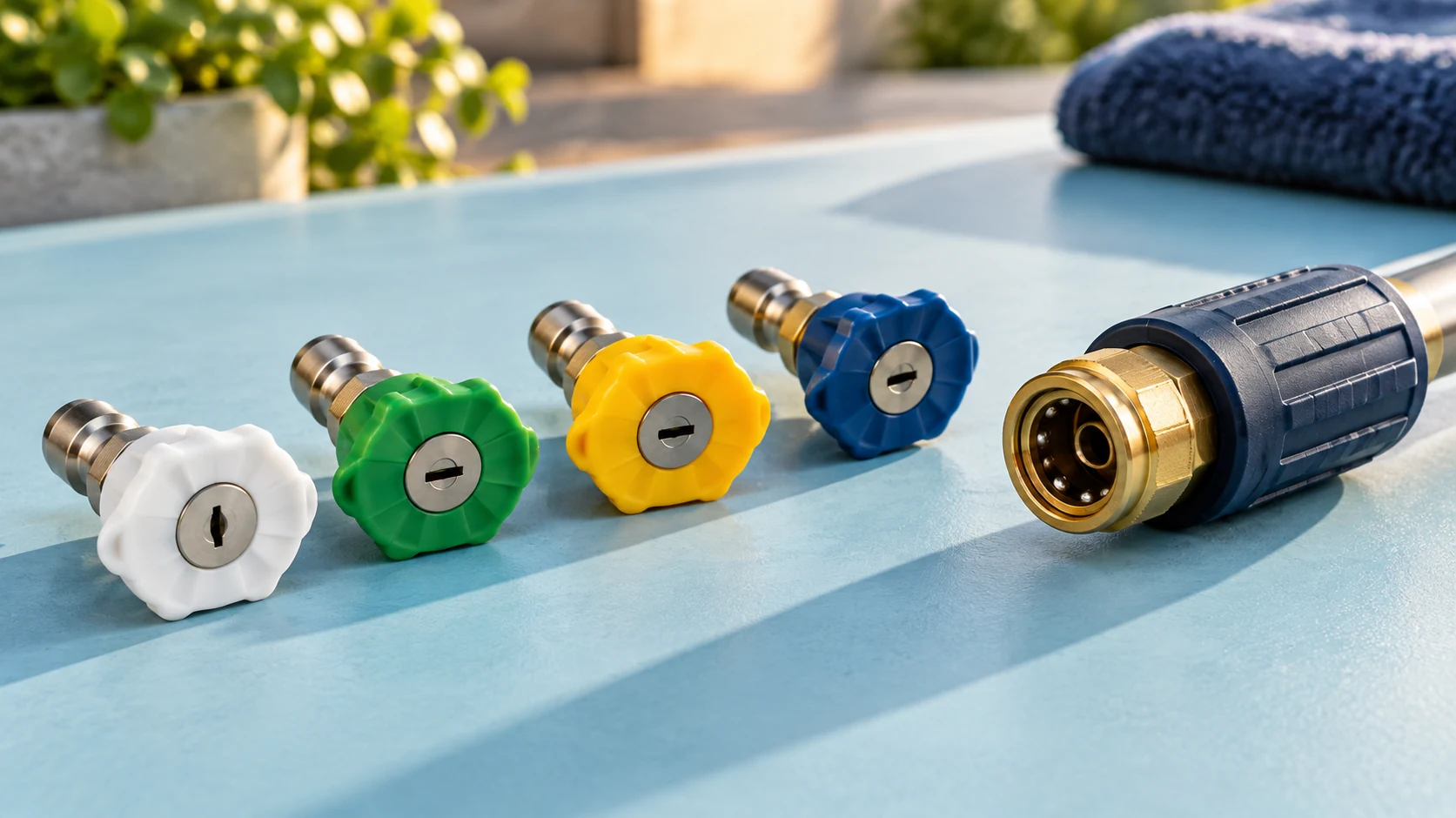 Four detached pressure-washer nozzles and a wand connector on a pale cyan work surface.