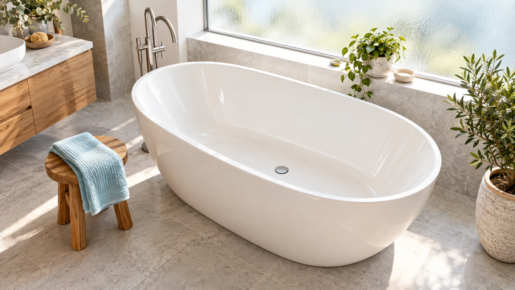 A sculptural white acrylic bathtub stands in a bright bathroom beside a folded cyan towel.