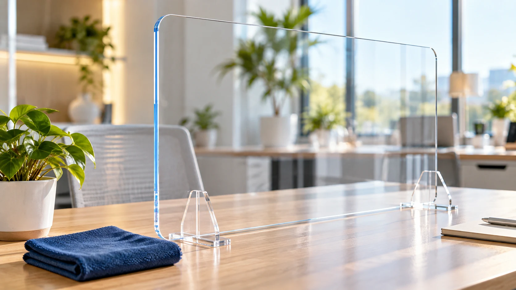Clear acrylic desktop partition on stable feet beside a folded navy microfiber cloth.