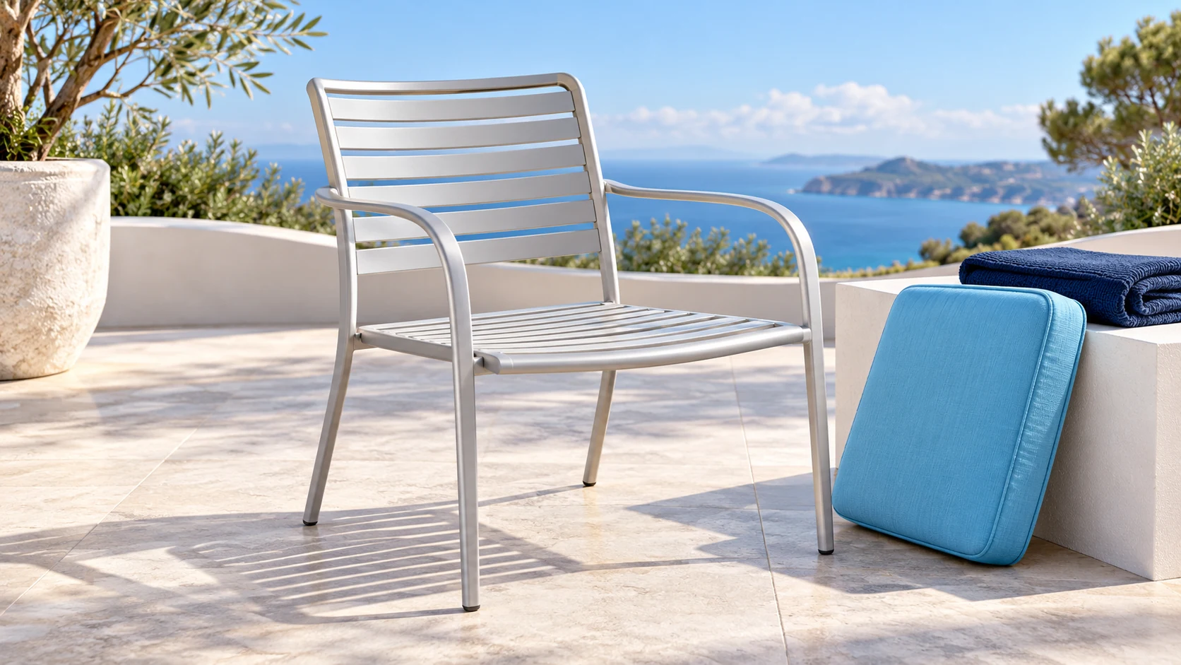 Powder-coated aluminum patio chair with its cushion removed and a soft cloth nearby.