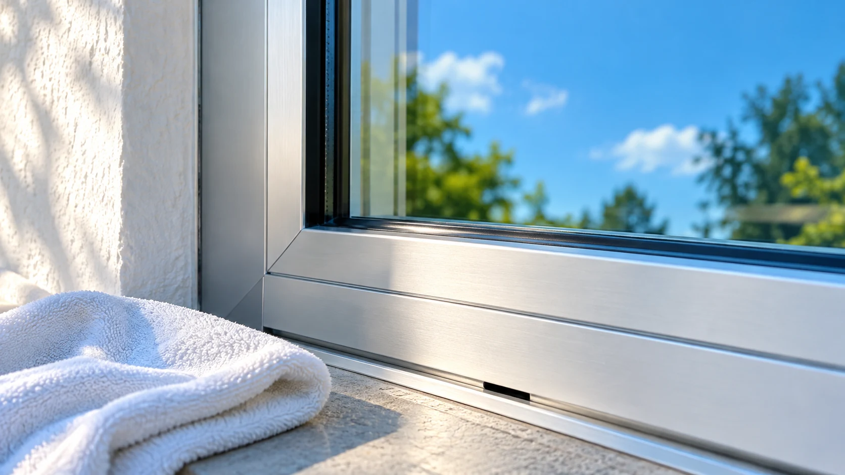 Satin aluminum window-frame corner with an unobstructed drain opening and a folded white cloth nearby.