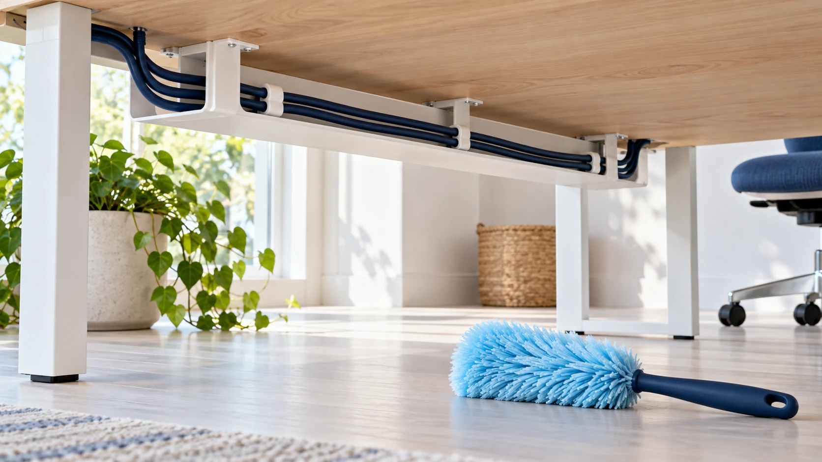Neatly retained intact desk cables above a soft cyan dusting brush on a clean floor.