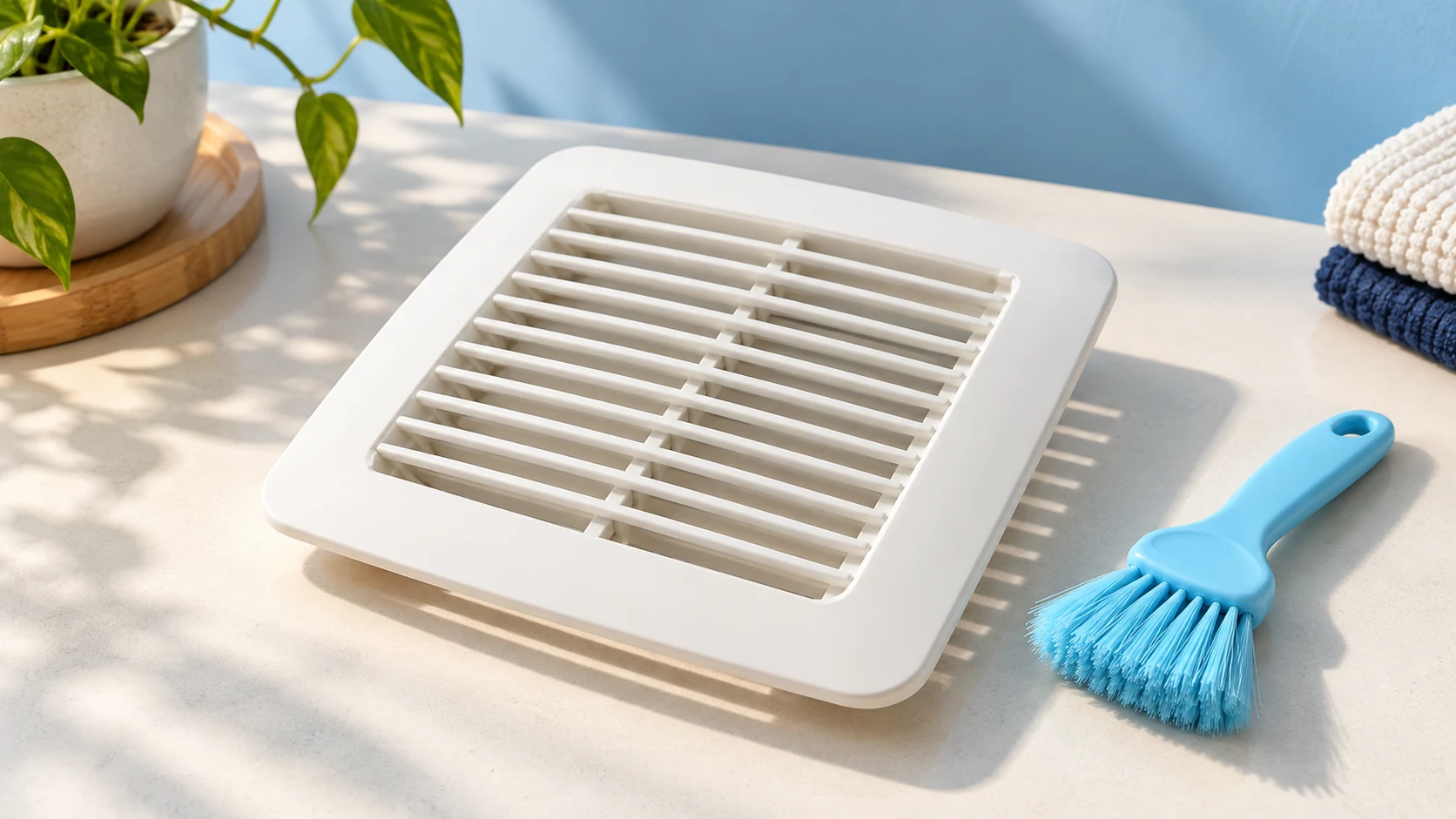 A detached white exhaust-fan grille rests on a dry surface beside a cyan soft detail brush.
