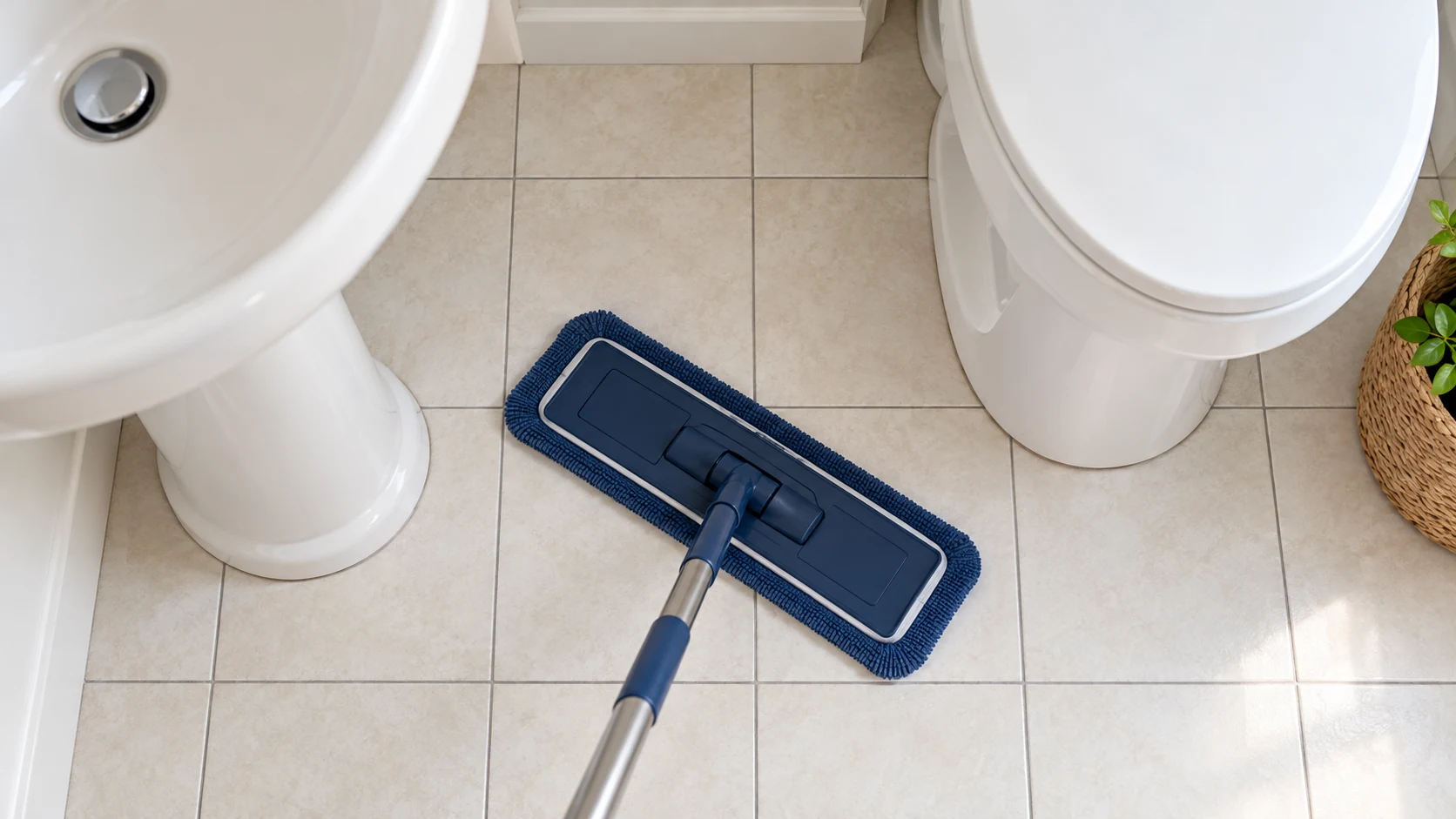 A compact navy microfiber mop rests on dry pale tiles between curved bathroom fixture bases.