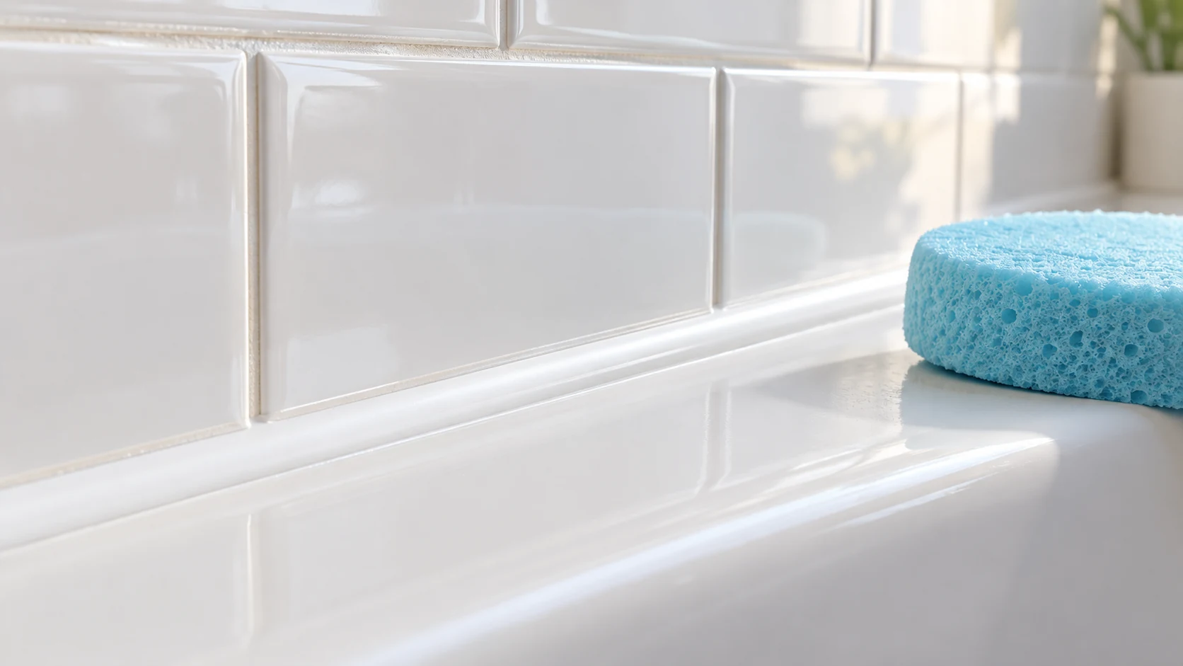 A cyan sponge rests near a smooth intact silicone bead where white wall tile meets a bathtub.