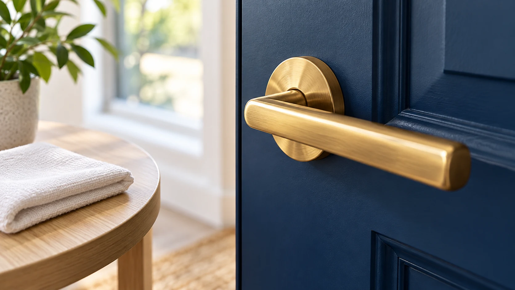 Warm brass door lever on a navy door beside a white cloth on a small wood table.