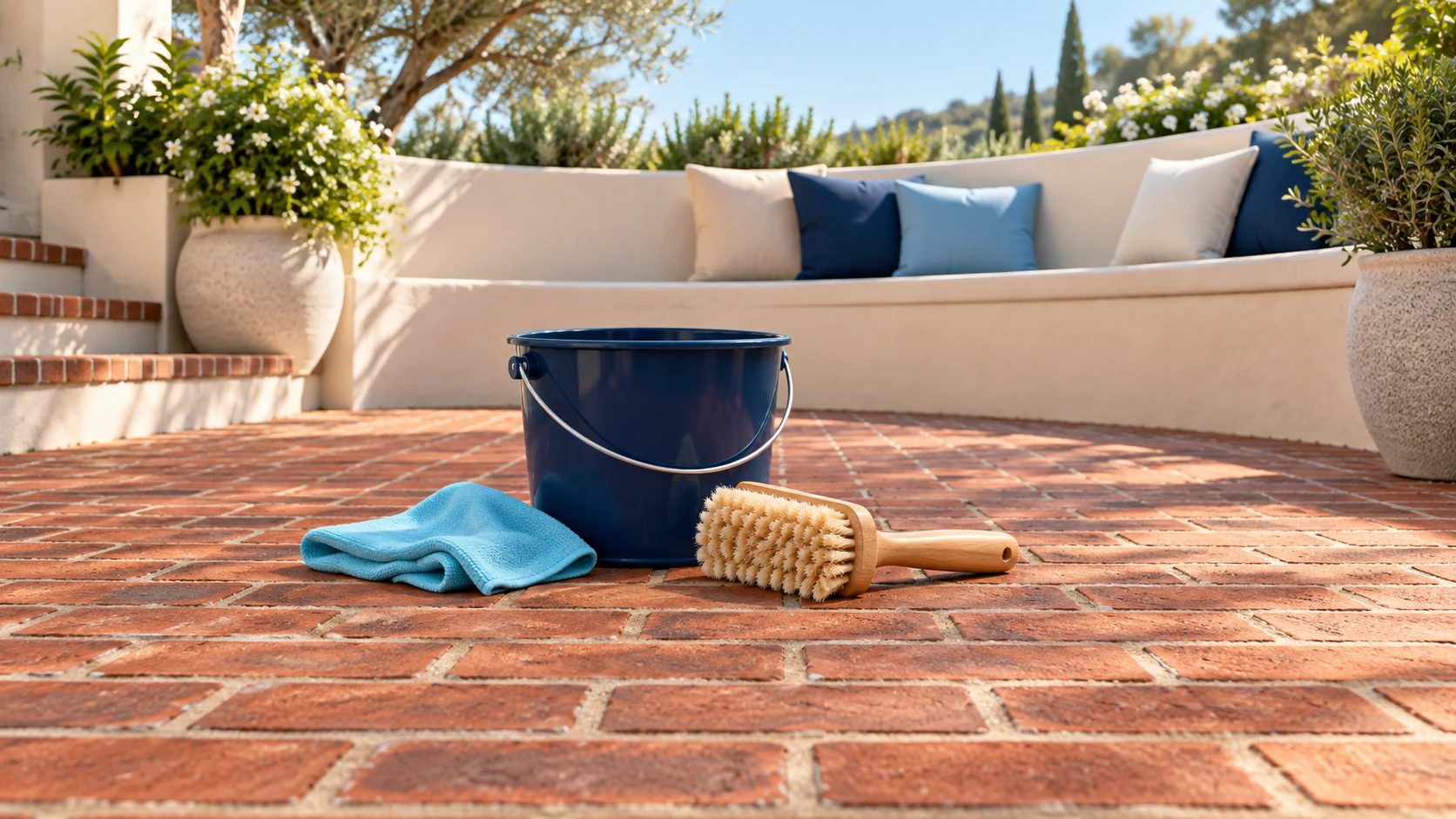 Soft cleaning tools on a sunlit red-brick patio with intact joints.