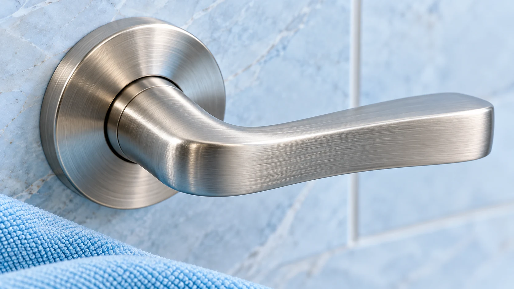 Close view of a satin brushed-nickel lever with directional metal grain and a cyan cloth at its edge.