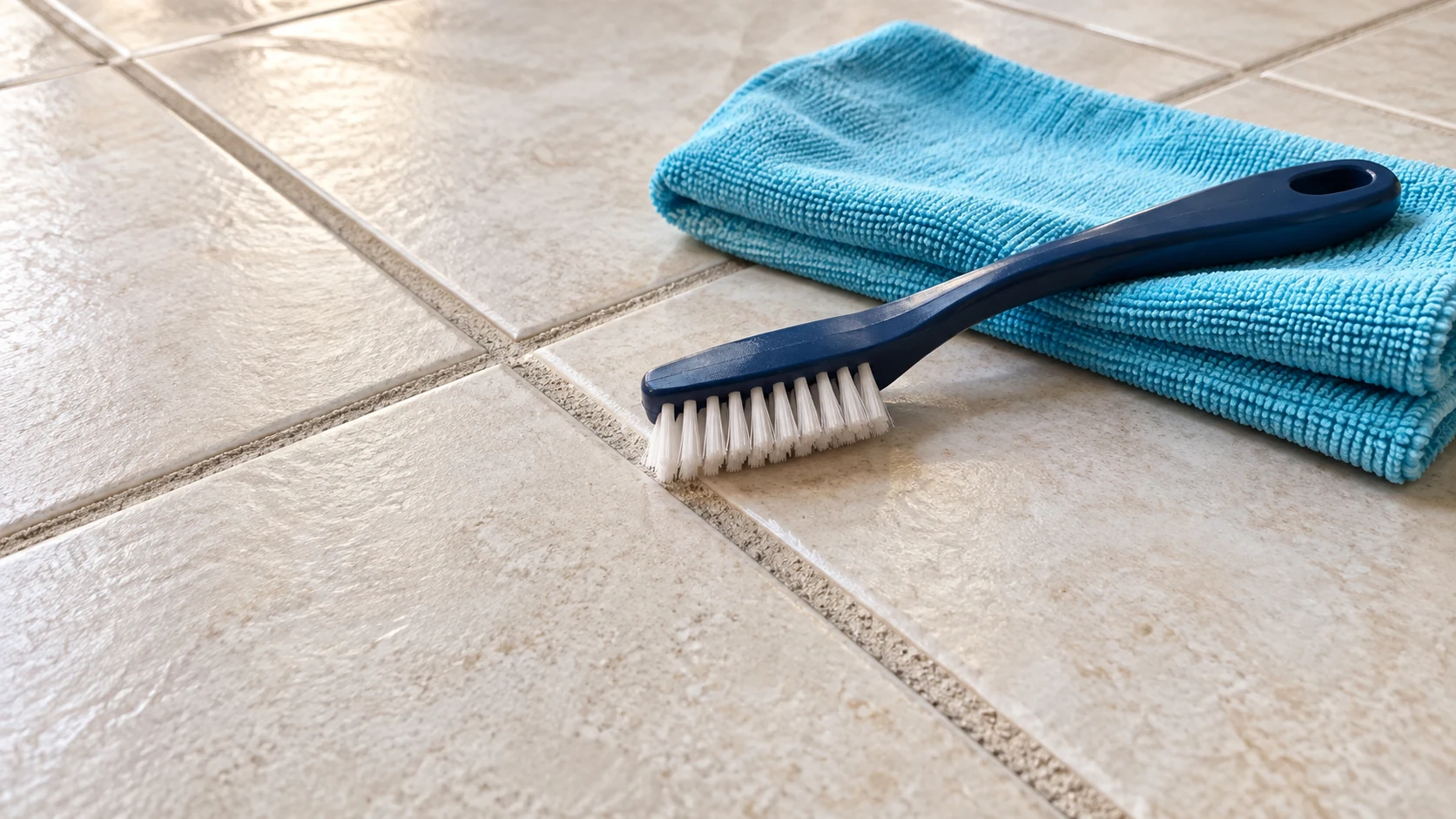 A narrow nylon grout brush and cyan microfiber cloth rest beside pale tiles and textured cement grout.
