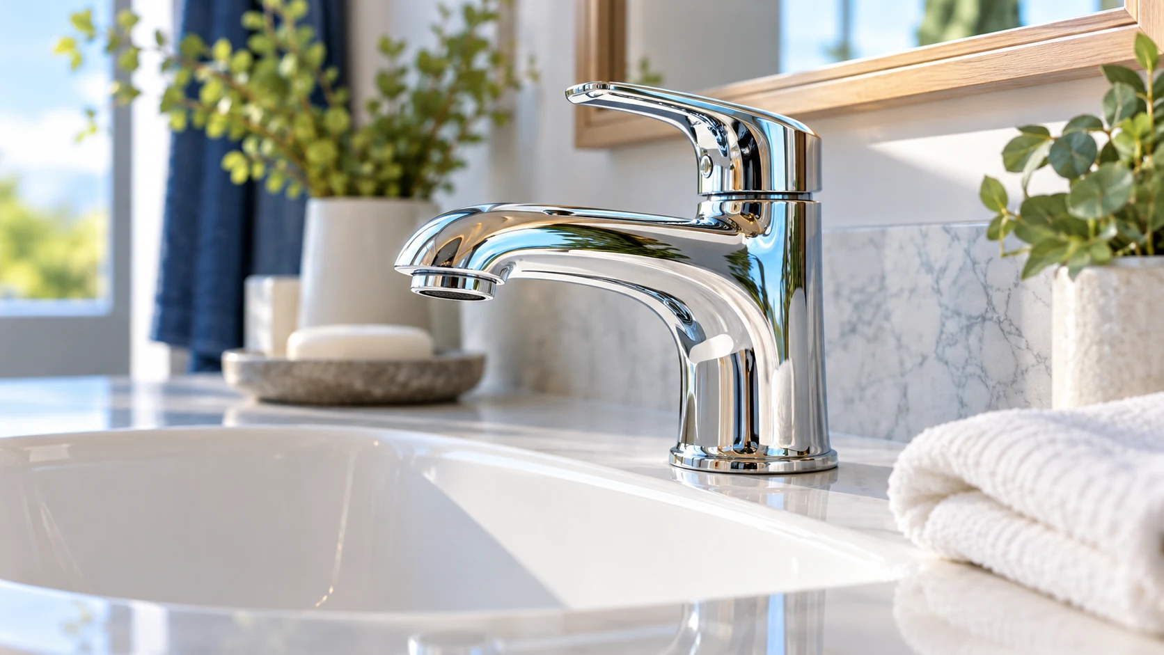 Polished chrome bathroom faucet above a white basin with a folded soft cloth on the ledge.