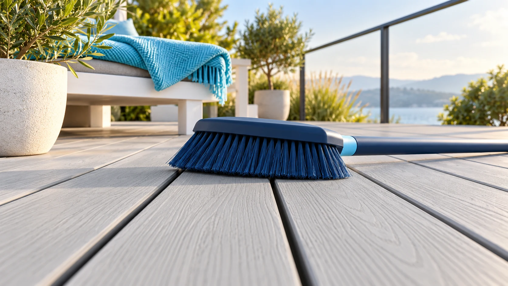 Soft deck brush on pale-gray composite decking beside a cyan patio textile.