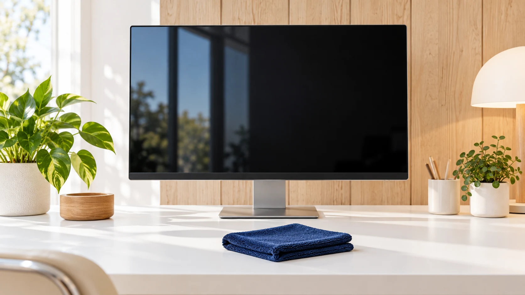 Powered-off black monitor with a folded navy microfiber cloth on a white desk.