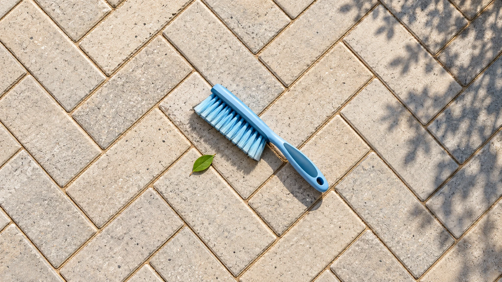 Overhead view of interlocking concrete pavers with intact joints and a soft blue brush.