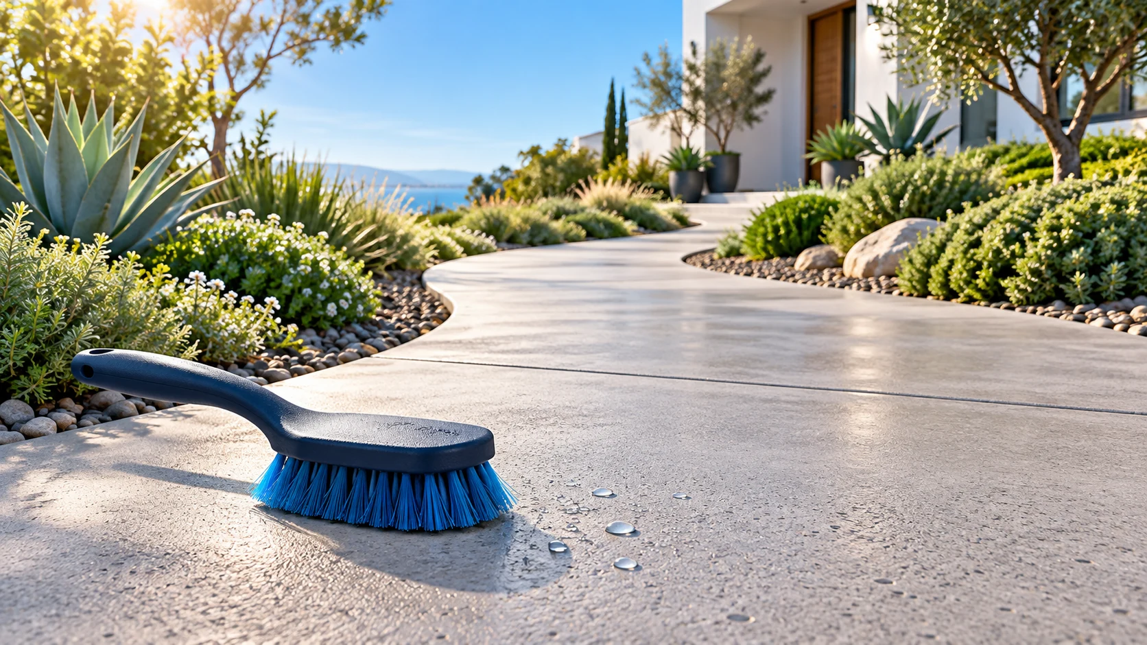 Soft scrub brush beside a curved concrete walkway in bright landscaped grounds.