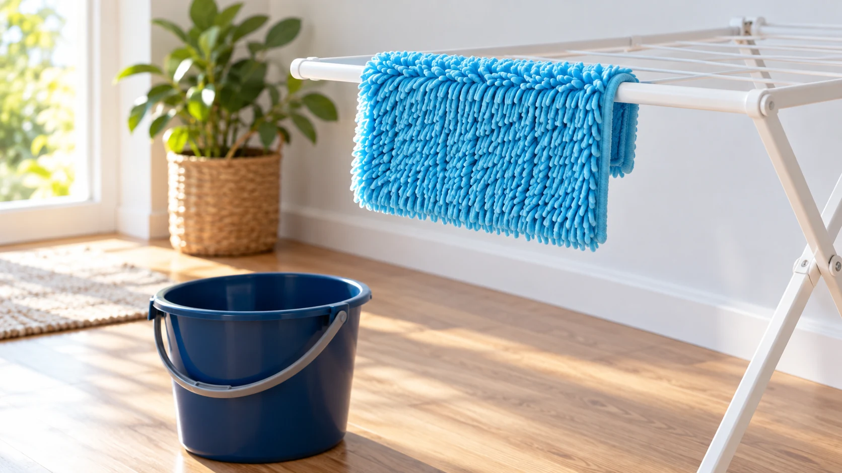 Cyan microfiber mop pad hanging freely on a white drying rack above an empty navy bucket.