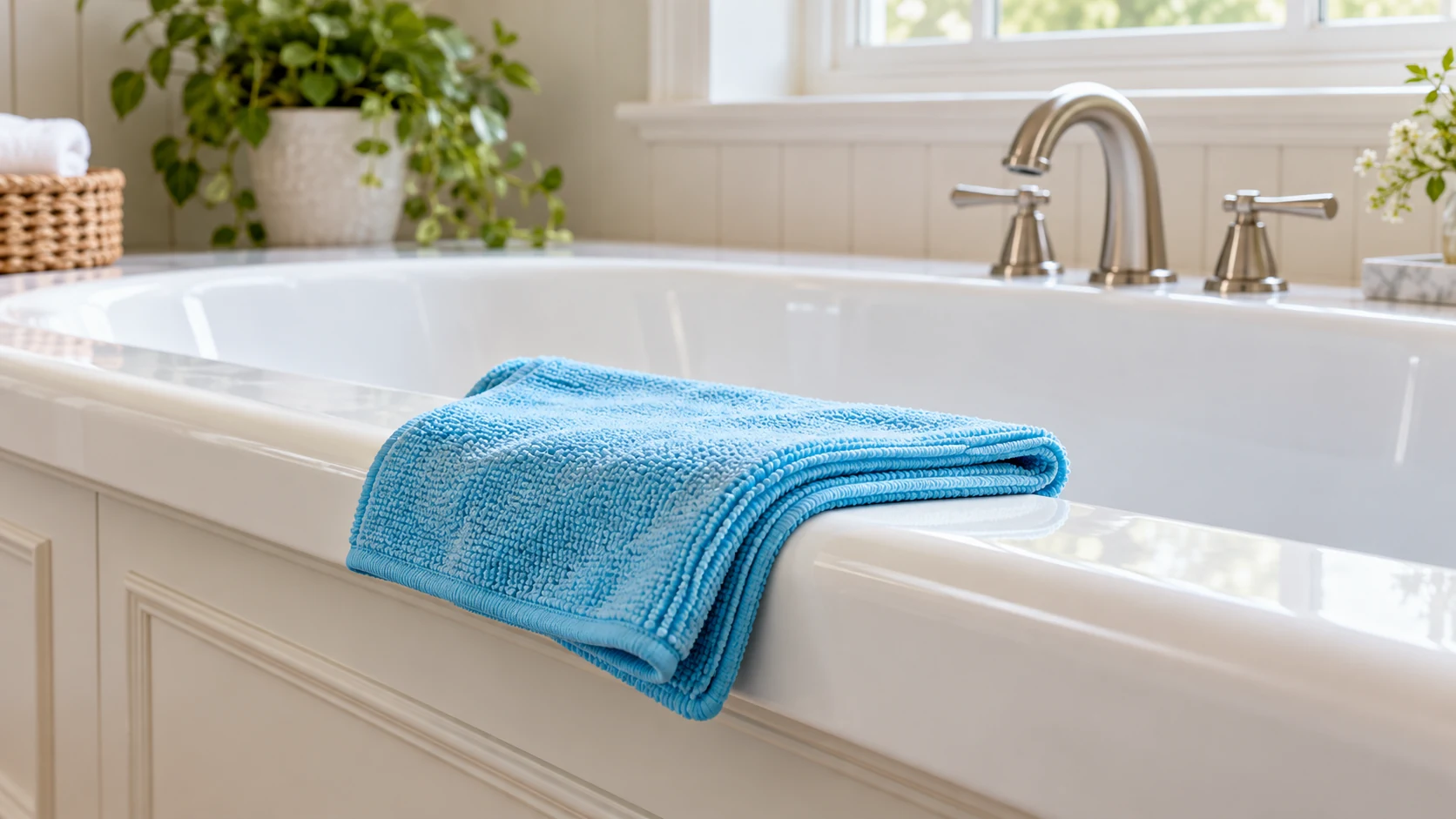 A folded cyan cloth rests on the smooth white rim of an enameled bathtub near a brushed-metal faucet.