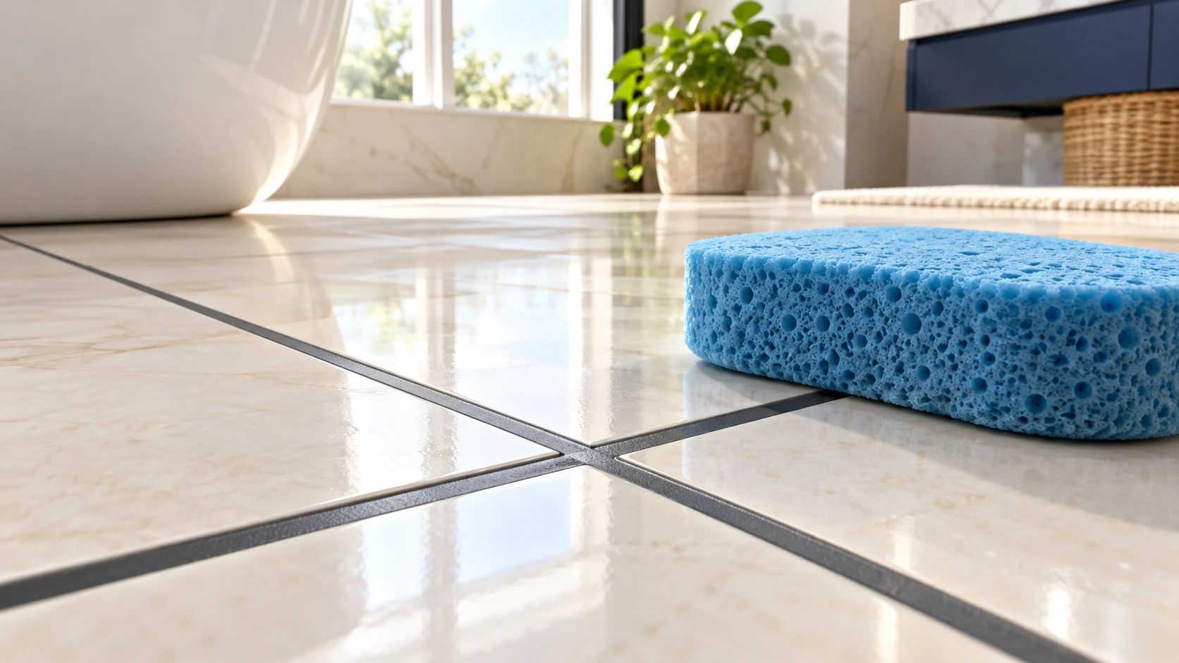 A soft blue sponge lies beside smooth charcoal grout joints between pale porcelain tiles.