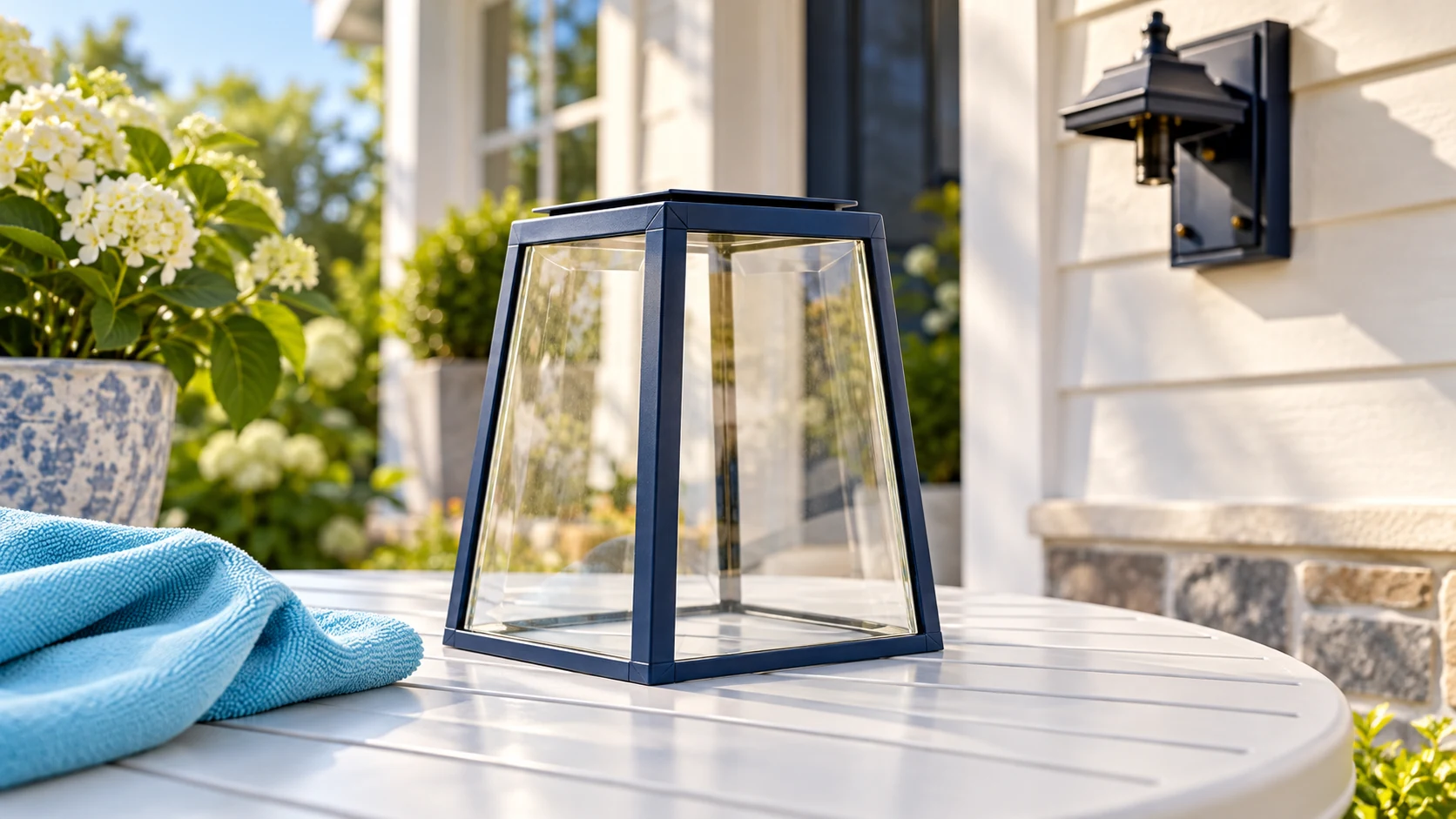Detached clear lantern cover and cyan cloth on an outdoor table in daylight.