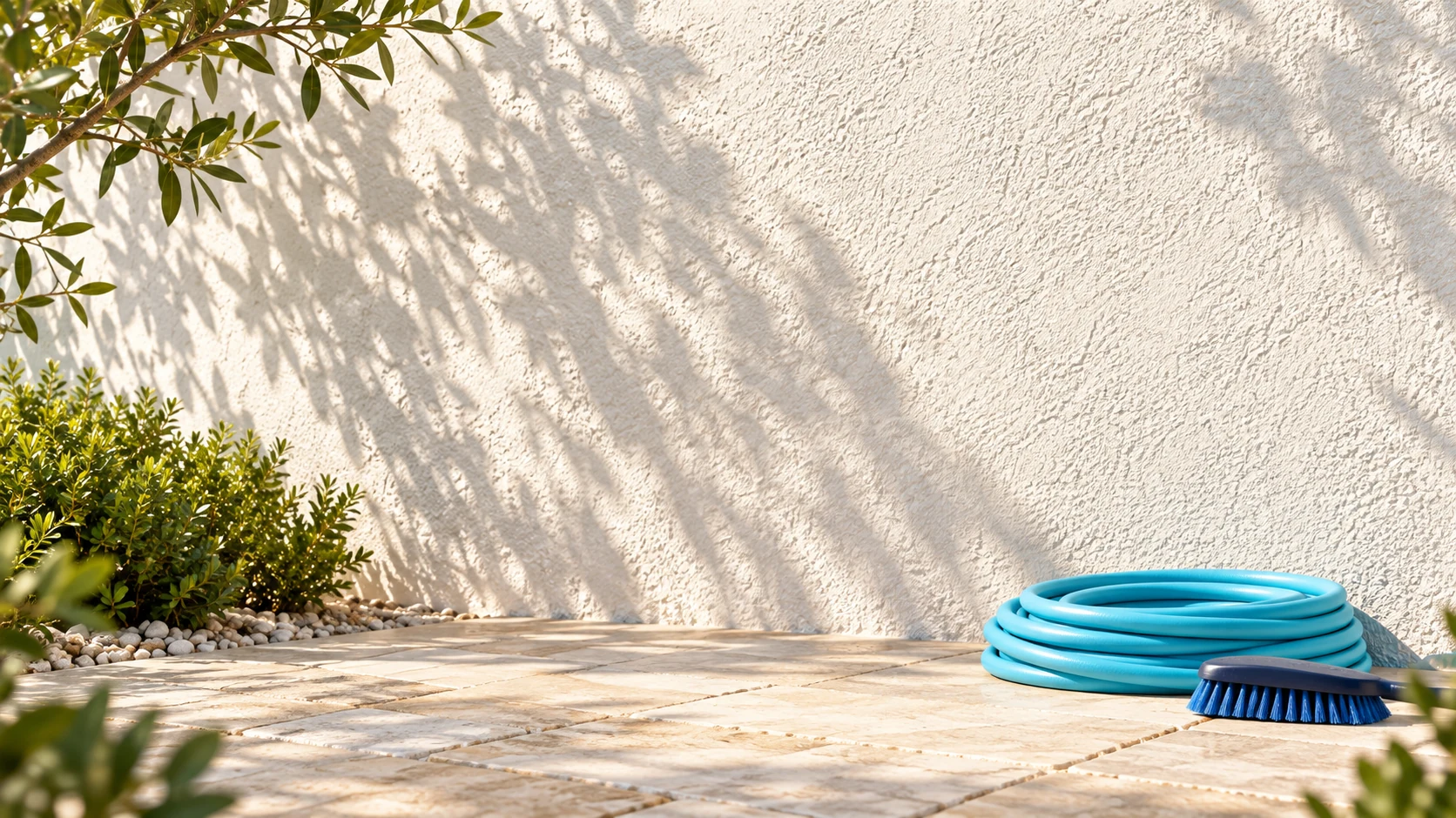 Cyan hose and a soft brush beside an intact pale stucco wall.