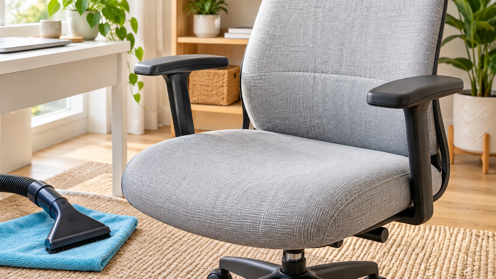 Pale-gray upholstered office chair with a soft upholstery nozzle on a cyan cloth nearby.