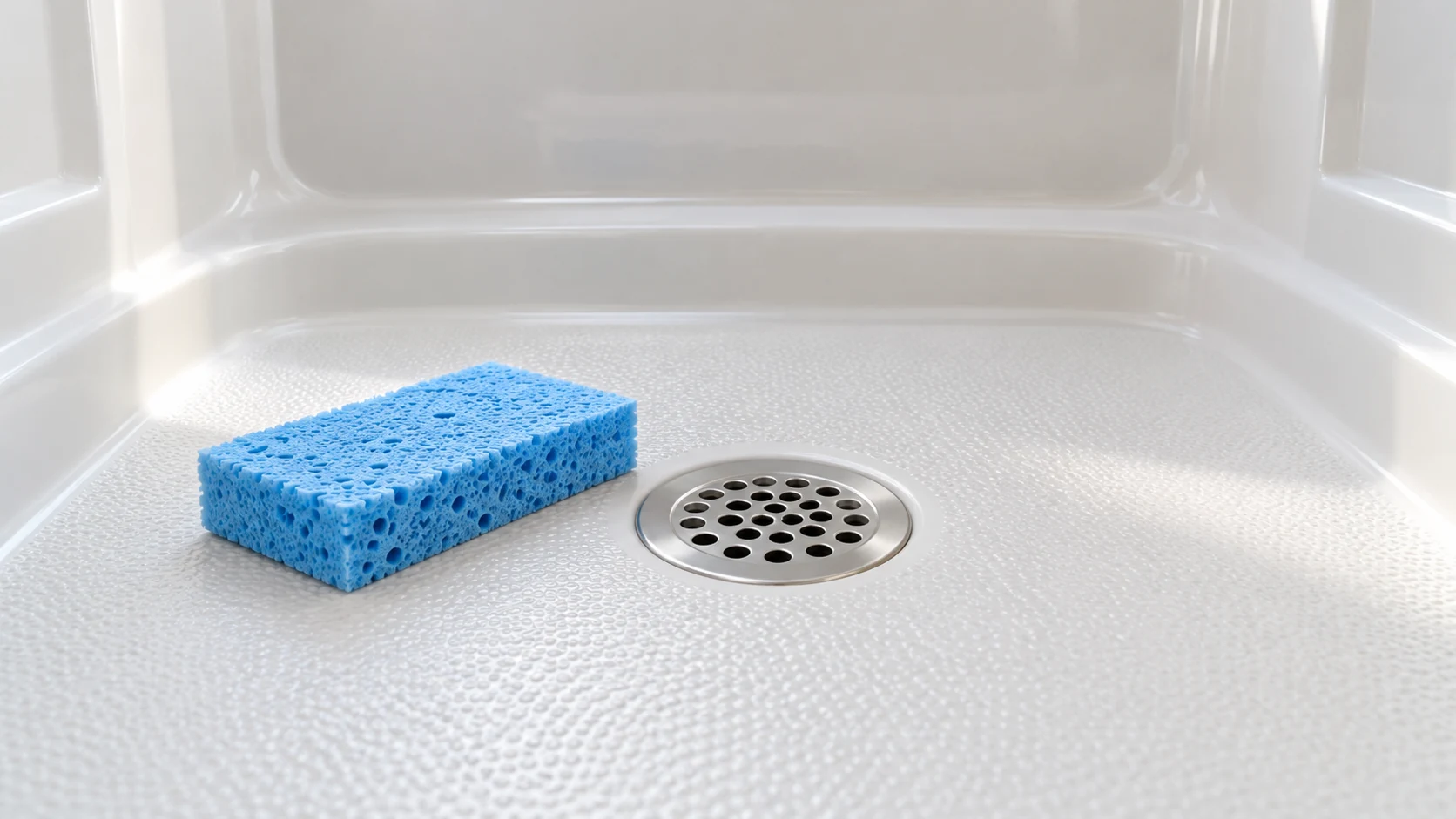 A blue soft sponge rests beside the drain of a white fiberglass shower base with fine molded texture.