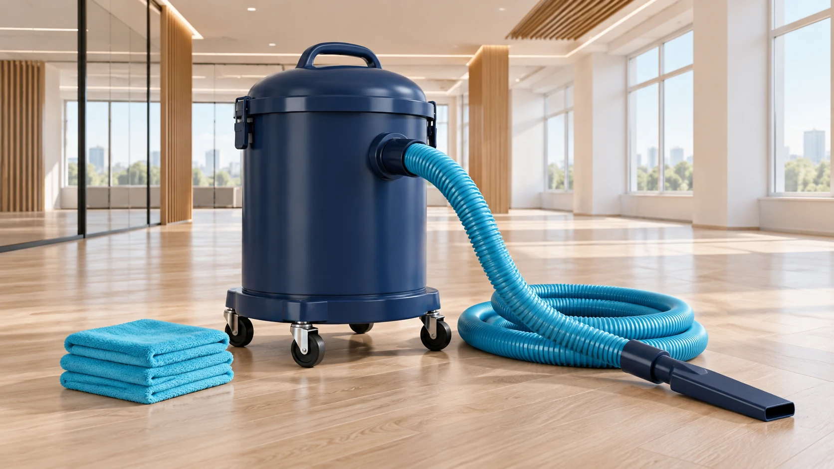Closed dust-extraction machine and cyan microfiber tools in a completed empty office.