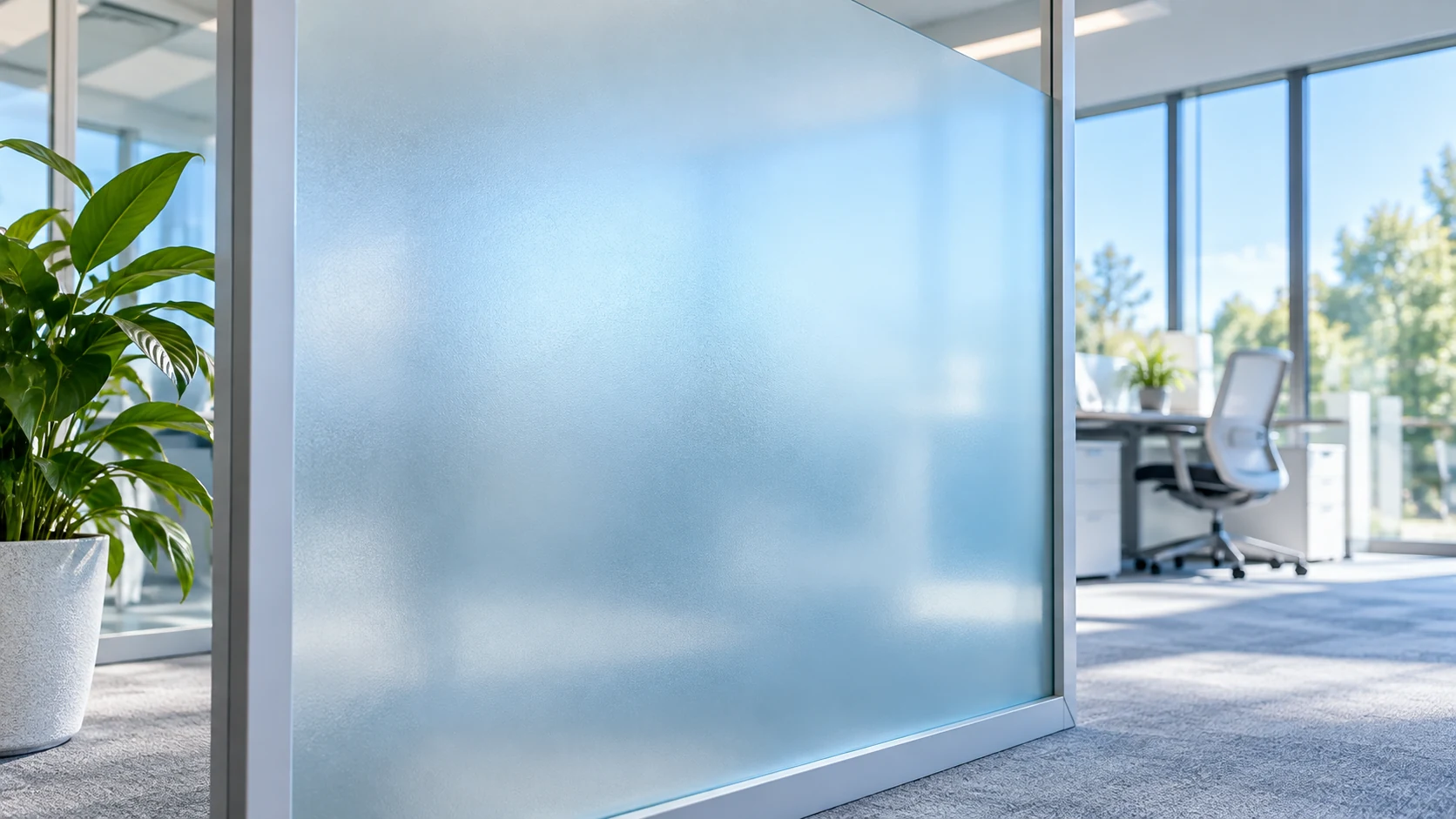 Uniformly frosted office-glass partition diffusing blue daylight in a bright workspace.