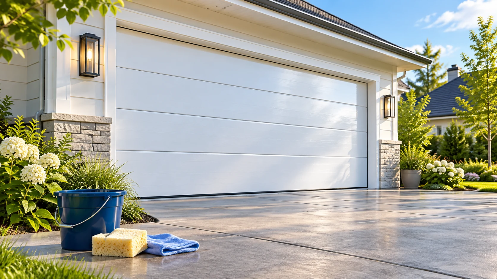 Closed white garage door with a pail, sponge and cloth on the driveway.