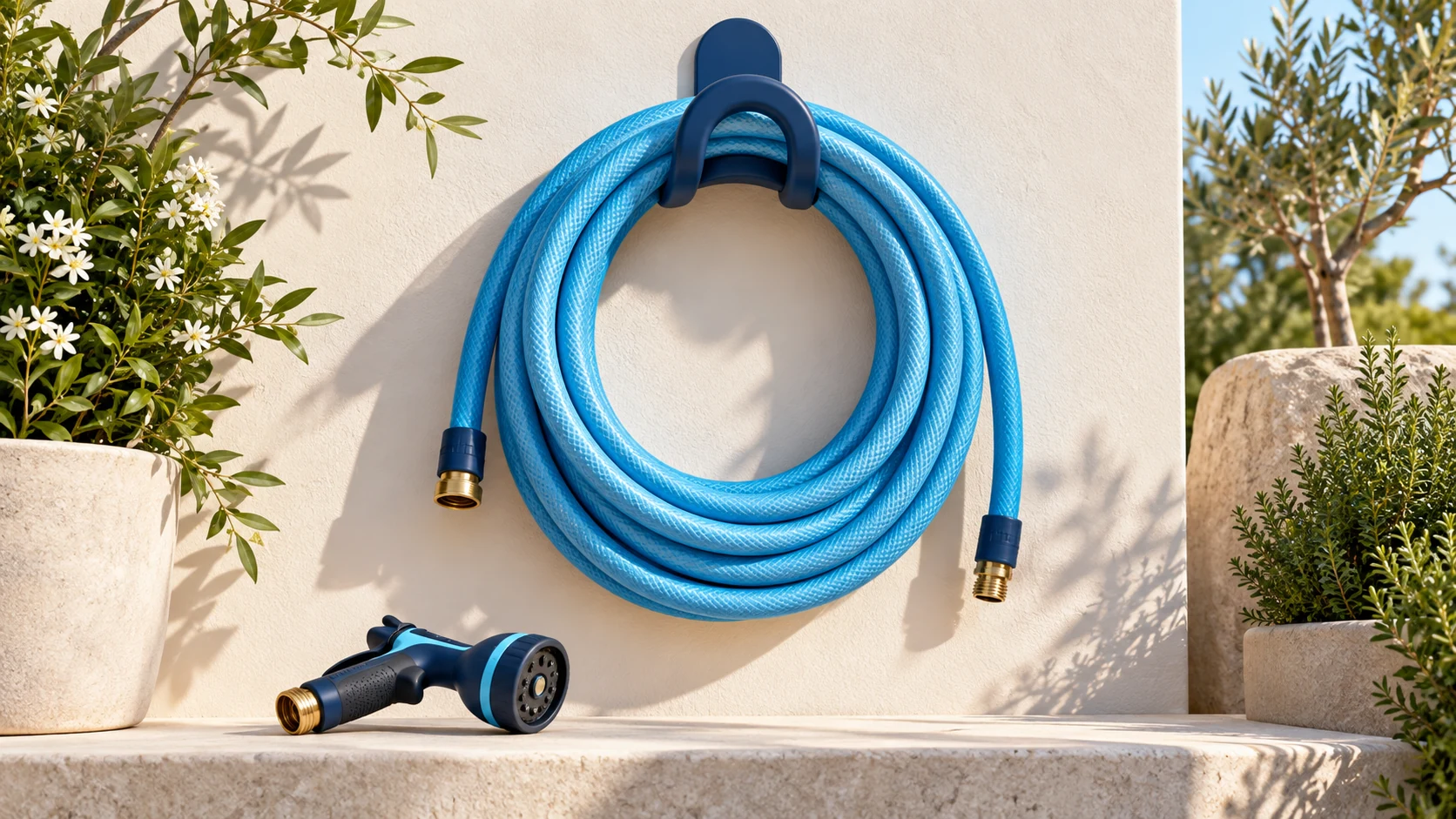 Coiled sky-blue garden hose with a disconnected navy spray nozzle on a ledge.