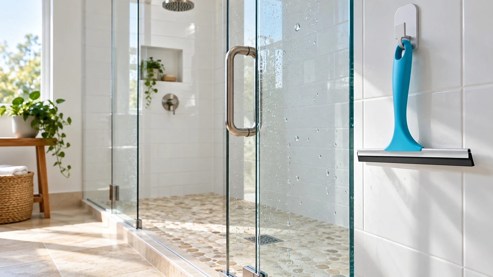 Clear shower door with water beads and a cyan-handled rubber squeegee hanging beside it.
