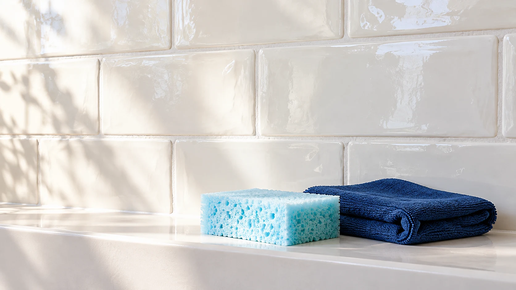 A cyan sponge and folded navy cloth sit on a ledge against glossy white ceramic wall tiles.